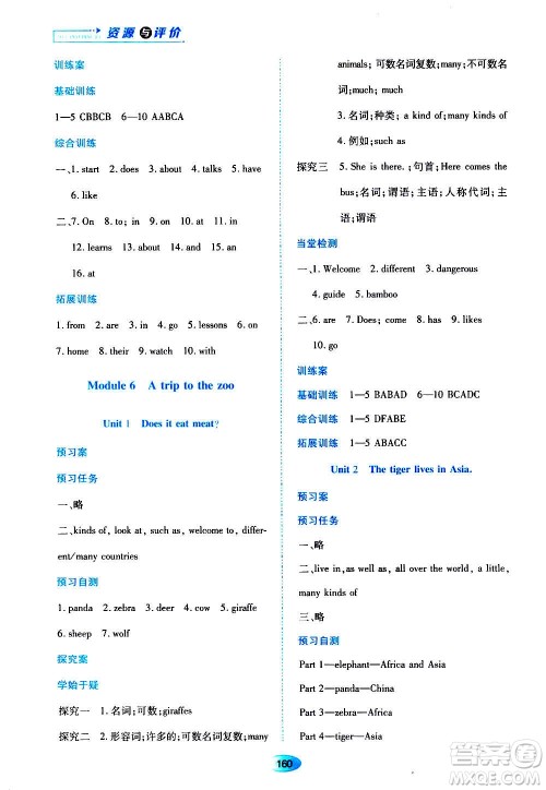 黑龙江教育出版社2020年资源与评价英语七年级上册外研版参考答案