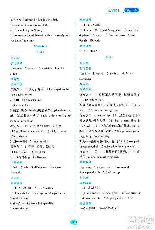 黑龙江教育出版社2020年资源与评价英语九年级上册外研版参考答案