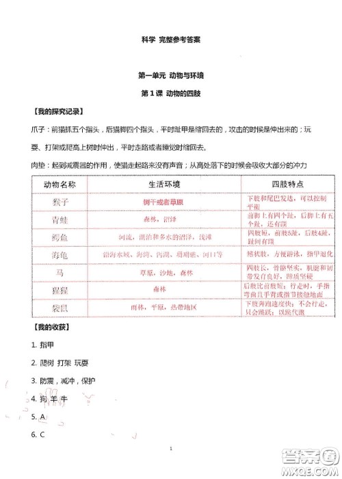 山东美术出版社2020新课堂同步体验与探究三年级科学上册答案