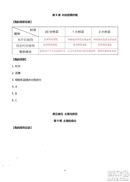 山东美术出版社2020新课堂同步体验与探究三年级科学上册答案