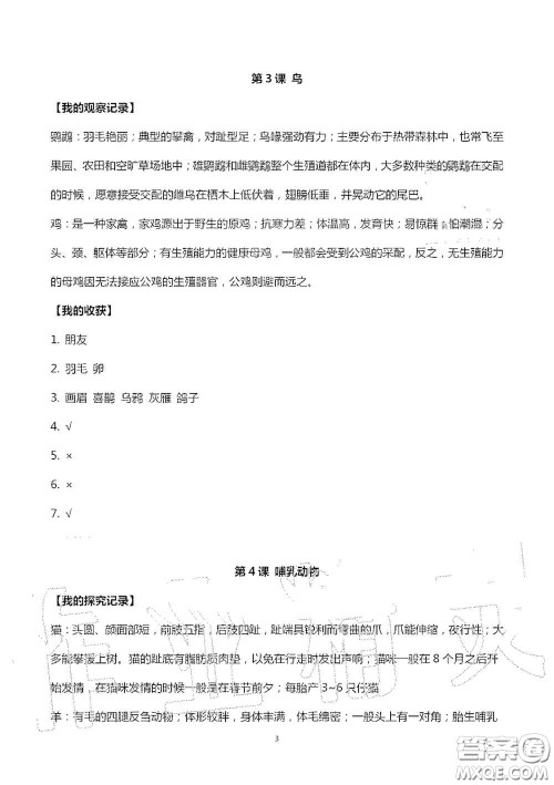 山东美术出版社2020新课堂同步体验与探究四年级科学上学期人教版答案