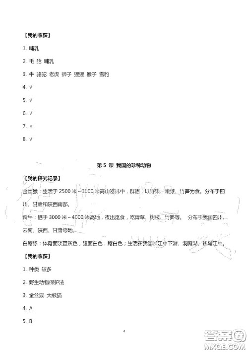 山东美术出版社2020新课堂同步体验与探究四年级科学上学期人教版答案