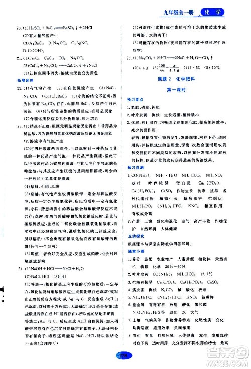 2020年五四学制资源与评价化学九年级全一册人教版参考答案