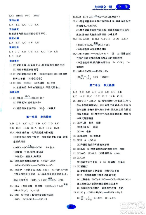 2020年五四学制资源与评价化学九年级全一册人教版参考答案