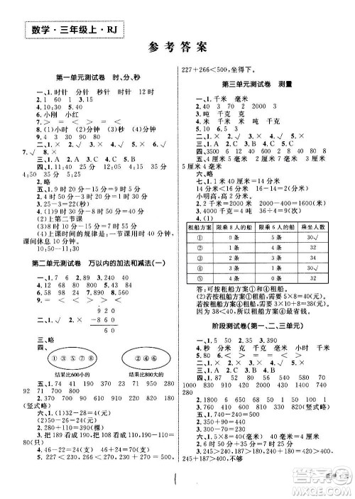 2020年优化设计单元测试卷数学三年级上册RJ人教版答案