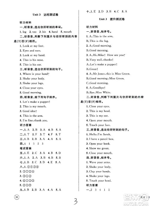 2020年优化设计单元测试卷英语三年级上册RJ人教版答案 2020年优化设计单元测试卷英语三年级上册RJ人教版答案