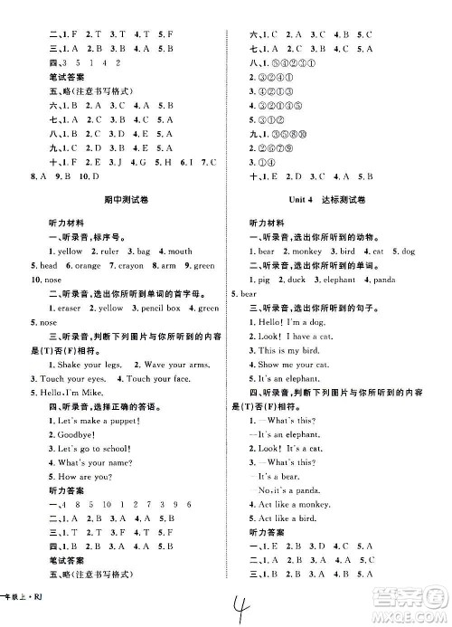 2020年优化设计单元测试卷英语三年级上册RJ人教版答案 2020年优化设计单元测试卷英语三年级上册RJ人教版答案