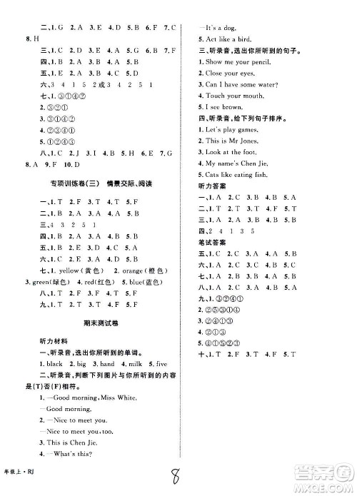 2020年优化设计单元测试卷英语三年级上册RJ人教版答案 2020年优化设计单元测试卷英语三年级上册RJ人教版答案