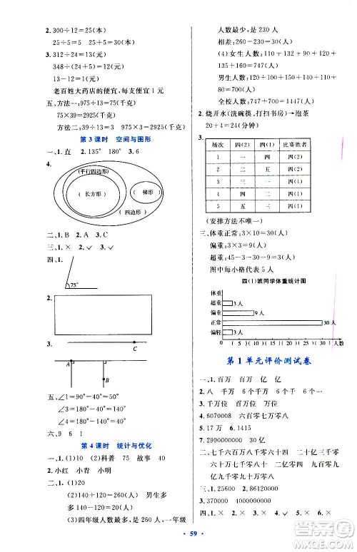 人民教育出版社2020小学同步测控优化设计数学四年级上册增强版答案