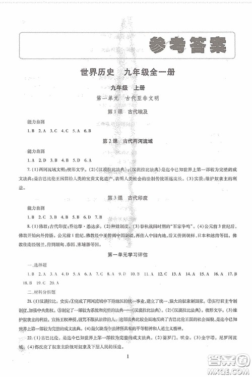明天出版社2020智慧学习九年级世界历史全一册人教版答案