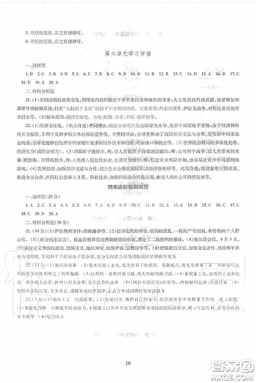 明天出版社2020智慧学习九年级世界历史全一册人教版答案