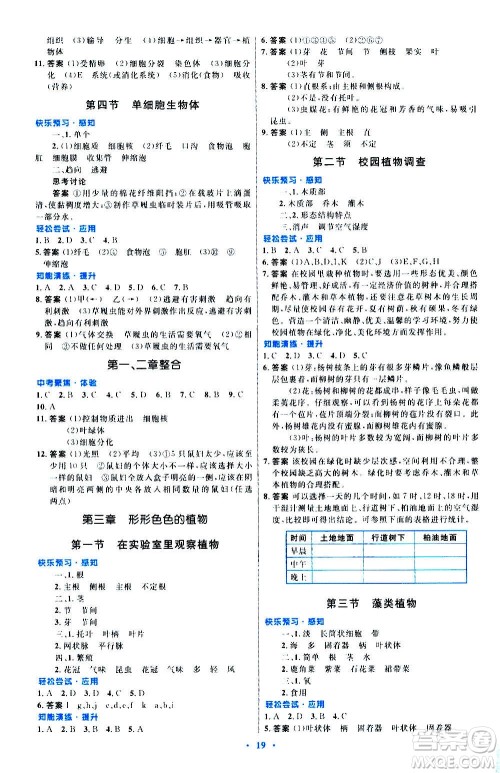 知识出版社2020初中同步测控优化设计生物七年级上册冀少版答案