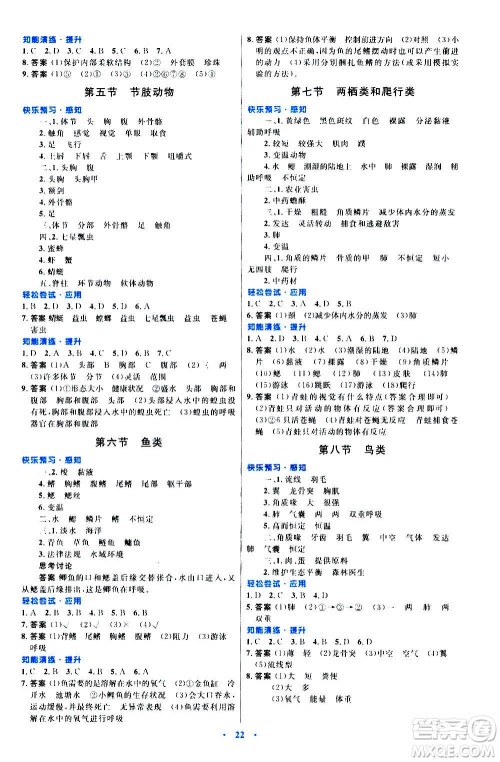 知识出版社2020初中同步测控优化设计生物七年级上册冀少版答案