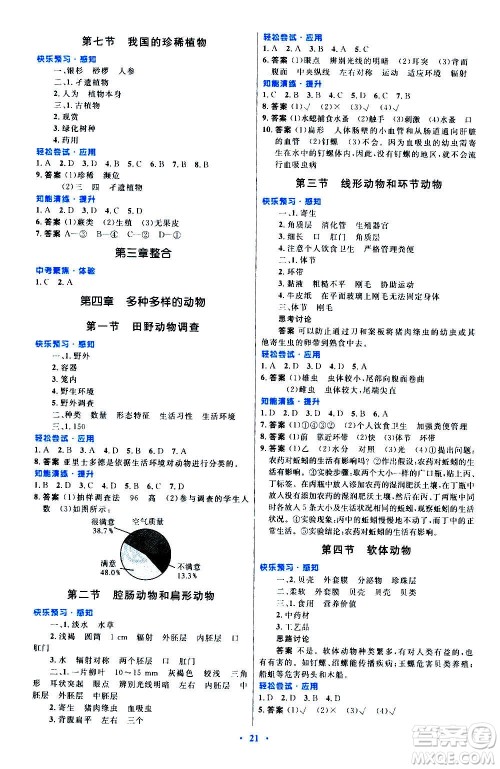 知识出版社2020初中同步测控优化设计生物七年级上册冀少版答案