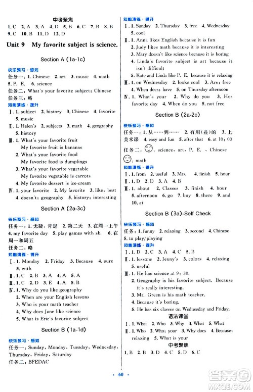 人民教育出版社2020初中同步测控优化设计英语七年级上册人教版答案