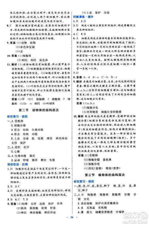 人民教育出版社2020初中同步测控优化设计生物学七年级上册人教版答案