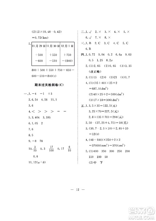 海南出版社2020年新课程学习指导测试卷数学五年级上册苏教版答案