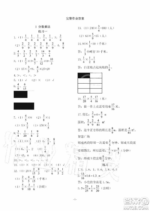 明天出版社2020智慧学习六年级数学上册人教版答案