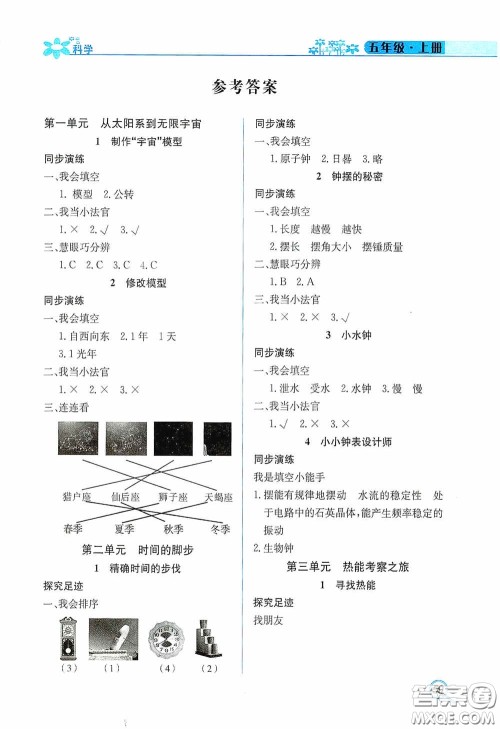 湖南教育出版社2020新课程课堂同步练五年级科学上册大象版答案