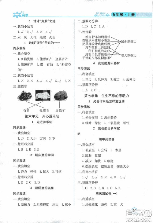 湖南教育出版社2020新课程课堂同步练五年级科学上册大象版答案