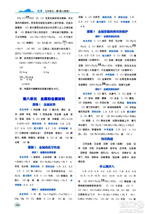 广西教育出版社2020年自主学习能力测评化学九年级全一册人教版答案