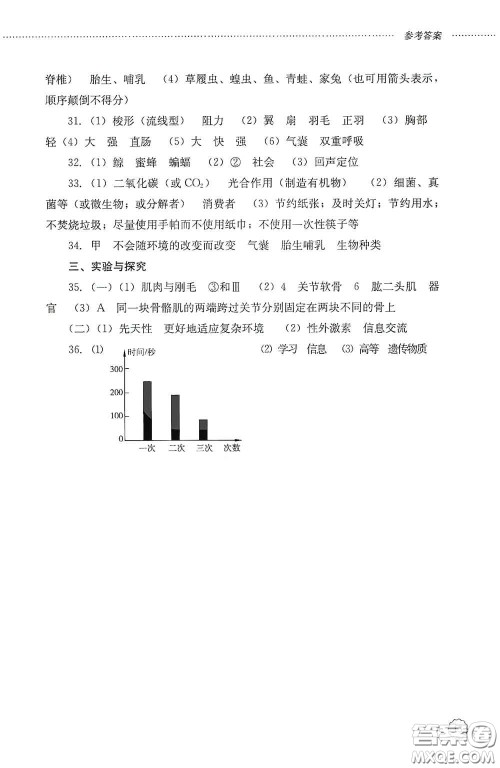 山东文艺出版社2020初中课堂同步训练八年级生物学上册人教版答案