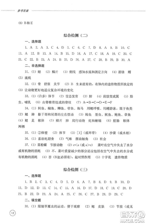 山东文艺出版社2020初中课堂同步训练八年级生物学上册人教版答案