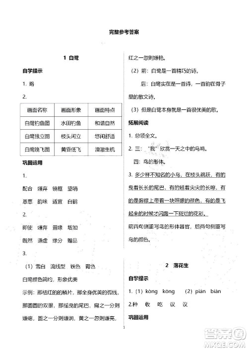 山东教育出版社2020年自主学习指导课程语文五年级上册人教版答案