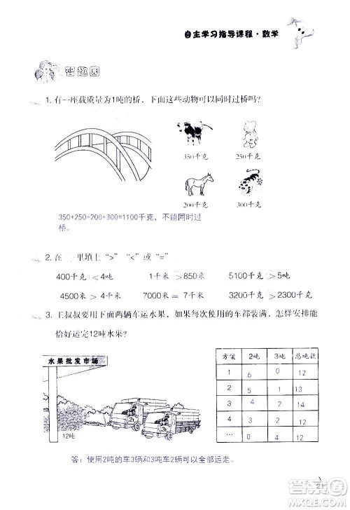 山东教育出版社2020年自主学习指导课程数学三年级上册人教版答案
