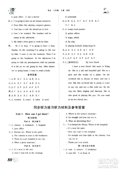 2020秋王朝霞创维新课堂同步优化训练英语六年级上册PEP人教版答案 2020秋王朝霞创维新课堂同步优化训练英语六年级上册PEP人教版答案