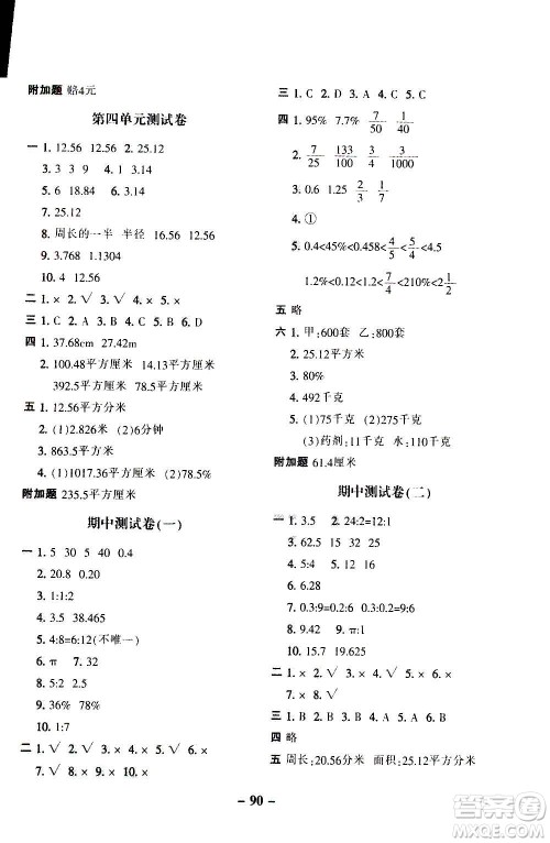 河北少年儿童出版社2020年期末闯关100分数学六年级上册冀教版答案