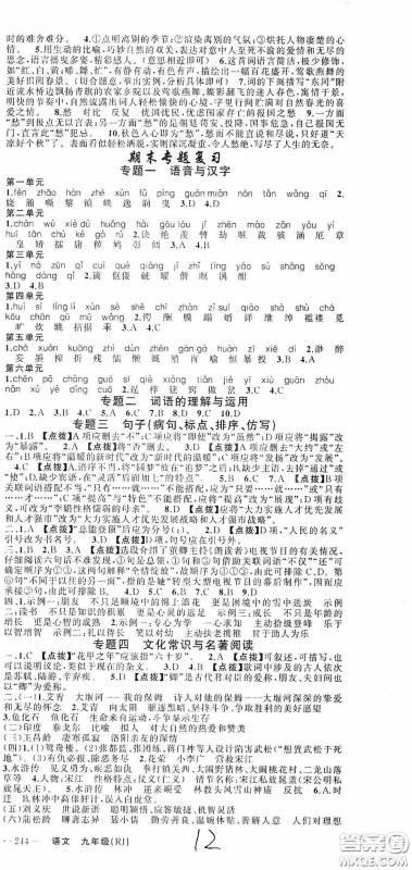 云南美术出版社2020学生课程精巧训练课堂创新学练测九年级语文上册人教版答案