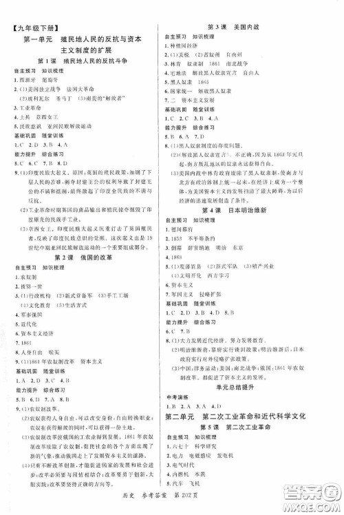 云南美术出版社2020学生课程精巧训练课堂创新学练测九年级历史全一册答案