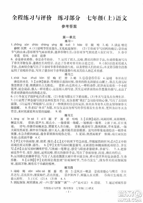 浙江人民出版社2020全程练习与评价七年级语文上册人教版答案