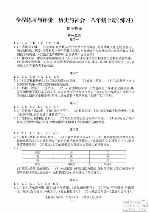 浙江人民出版社2020全程练习与评价八年级历史与社会上册人教版答案