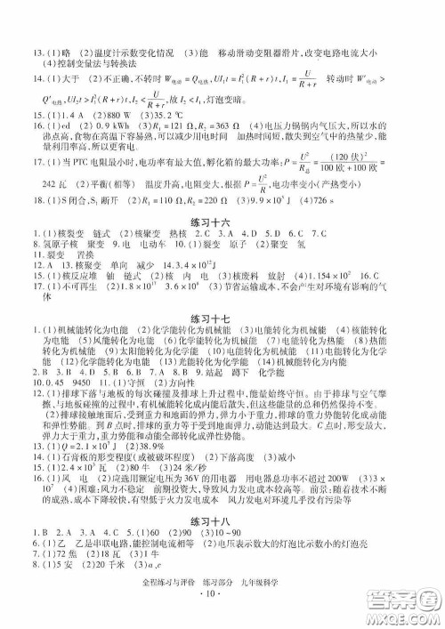 浙江人民出版社2020全程练习与评价九年级科学全一册ZH版答案
