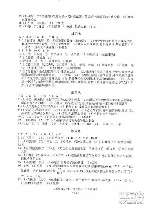 浙江人民出版社2020全程练习与评价九年级科学全一册ZH版答案
