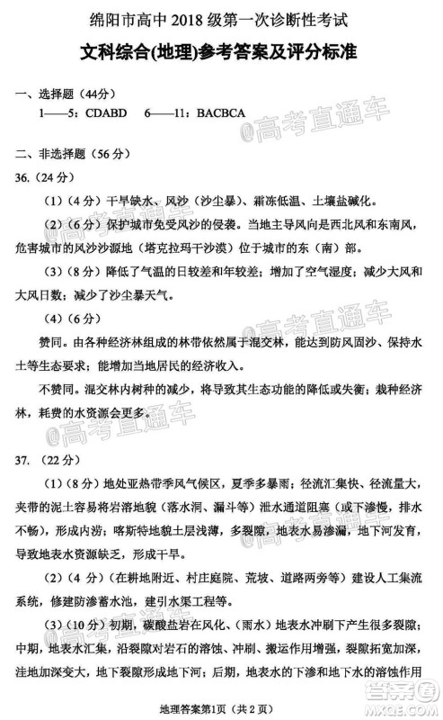 绵阳市高中2018级第一次诊断性考试文科综合试题及答案 绵阳市高中2018级第一次诊断性考试文科综合试题及答案