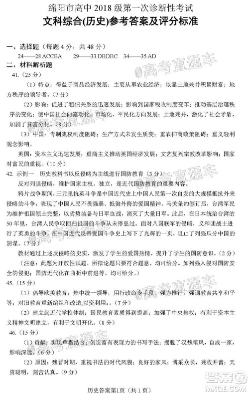 绵阳市高中2018级第一次诊断性考试文科综合试题及答案 绵阳市高中2018级第一次诊断性考试文科综合试题及答案