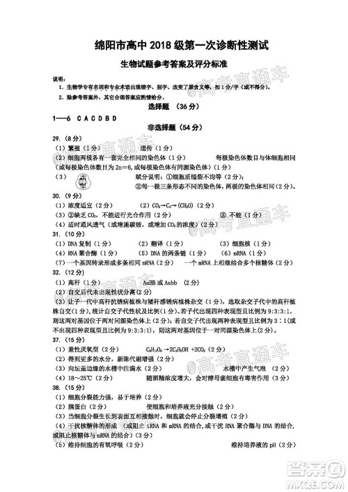绵阳市高中2018级第一次诊断性考试理科综合试题及答案 绵阳市高中2018级第一次诊断性考试理科综合试题及答案