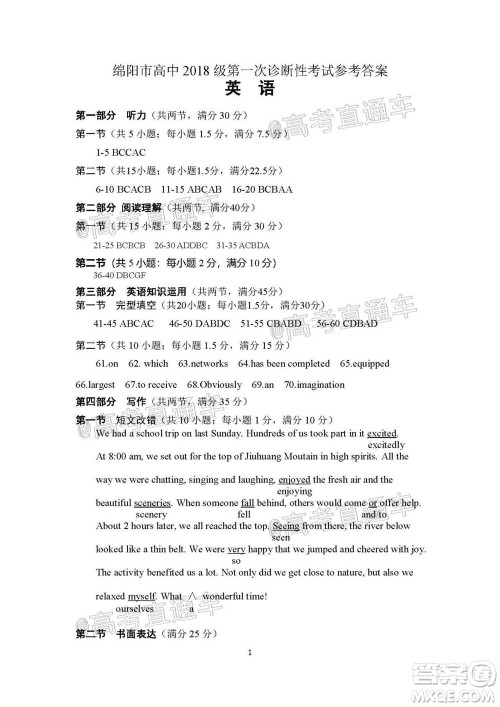 绵阳市高中2018级第一次诊断性考试英语试题及答案 绵阳市高中2018级第一次诊断性考试英语试题及答案