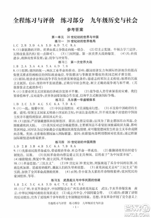 浙江人民出版社2020全程练习与评价九年级历史与社会全一册人教版答案