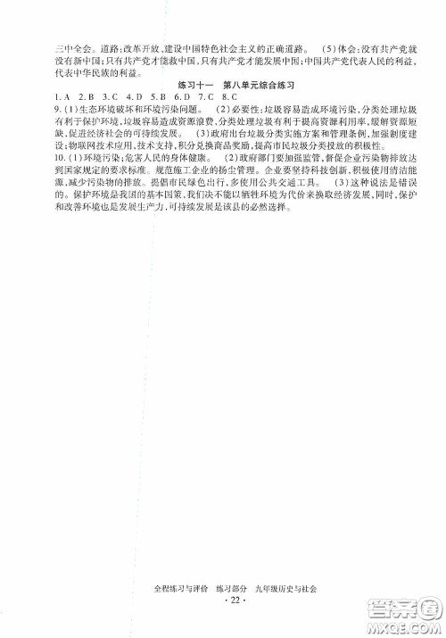 浙江人民出版社2020全程练习与评价九年级历史与社会全一册人教版答案