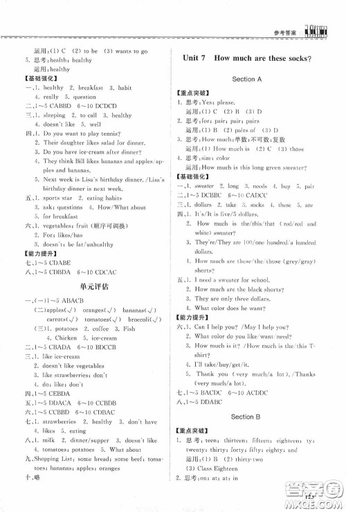 山东科学技术出版社2020初中同步练习册七年级英语上册人教版答案