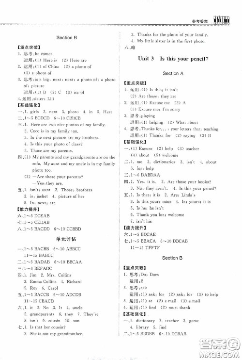 山东科学技术出版社2020初中同步练习册七年级英语上册人教版答案