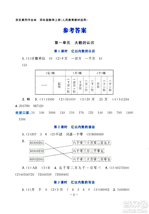 安徽人民出版社2020年启东黄冈作业本数学四年级上册人民教育版答案
