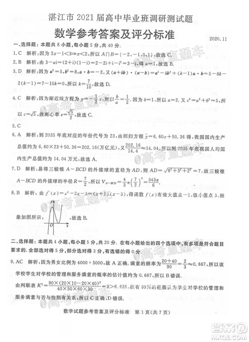 湛江市2021届高中毕业班调研测试题数学试题及答案