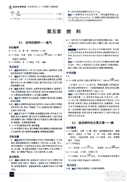 现代教育出版社2020走向中考考场九年级化学上册科学版广东教育版答案