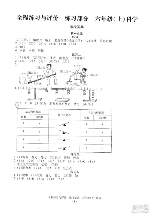 浙江人民出版社2020全程练习与评价六年级科学上册冀教版答案