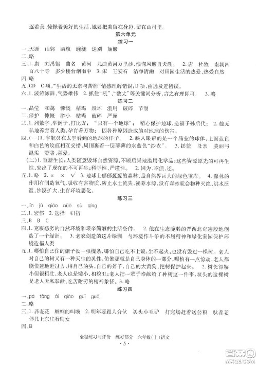 浙江人民出版社2020全程练习与评价六年级语文上册人教版答案